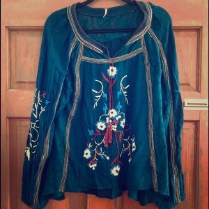 Free People Indigo Embroidered Long Sleeved Top
