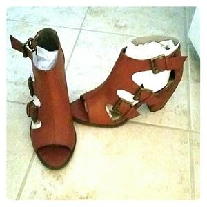 PRICE DROPPED!! Cognac mule peep toe booties