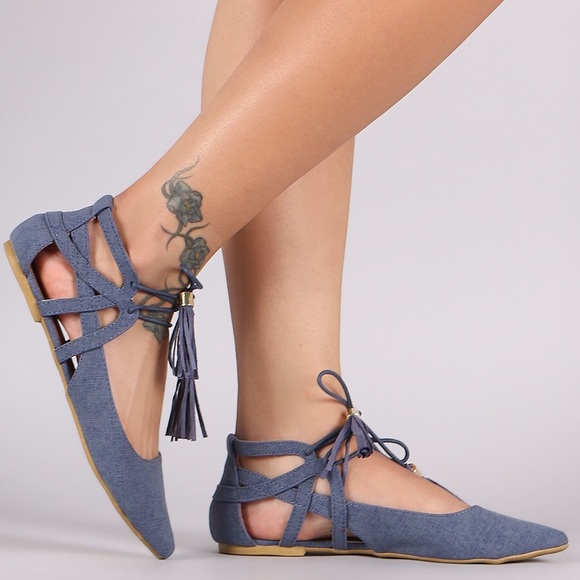 1 LEFT!!! 🎉HP🎉 NWT. Blue denim lace-up flats - Picture 4 of 4
