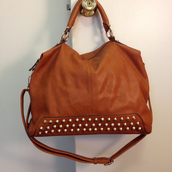 Buckle Tan Gold Studded Leather Satchel