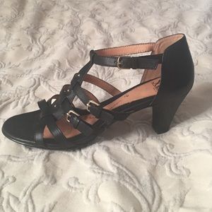 Sofft black heels with gold buckles