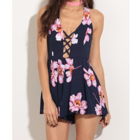 Black Floral CrissCross Detail Romper