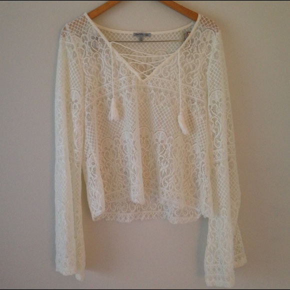 Lace up, bell sleeved, white lace top