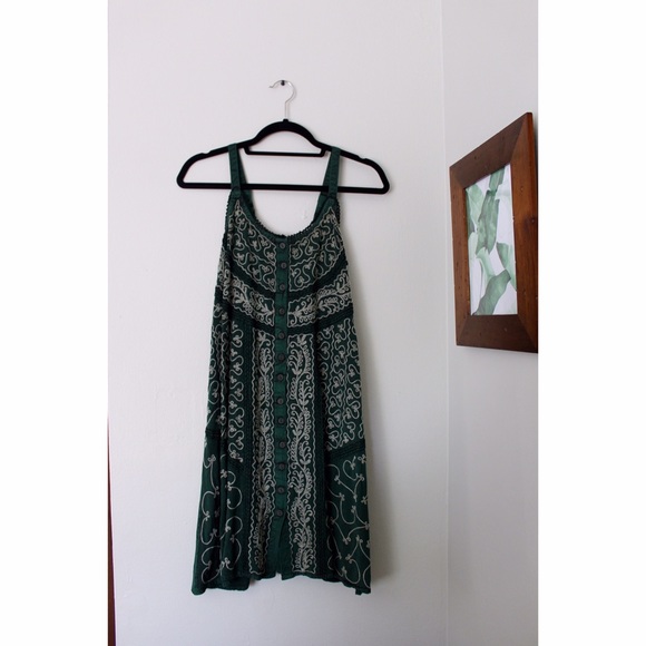 Green flowy dress/slip with white embroidery
