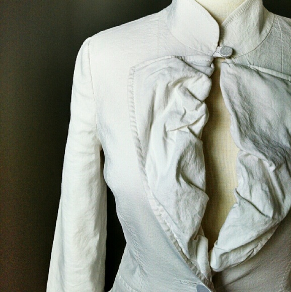 BeBe White Ruffle Front Blazer