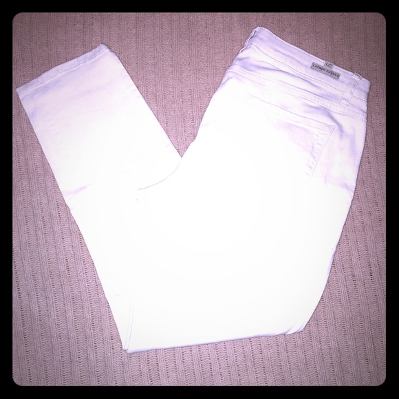 Cream Cropped Distressed Jeans