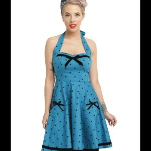 Blue polka dot halter rockabilly swing dress. Sz18