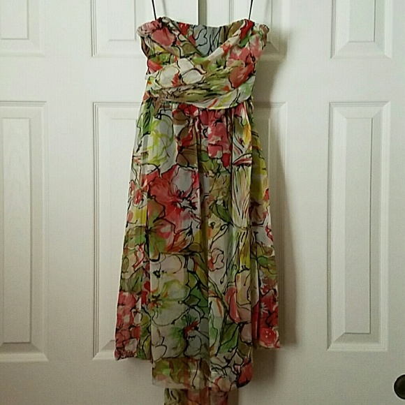 Strapless flowy watercolor print dress