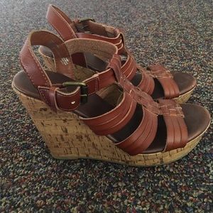 CLOSET CLOSING! Brown faux-leather strapped wedges