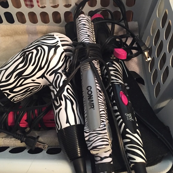Zoe curling iron, Conair flat iron and blow dryer