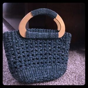 Teal straw handbag wooden handles