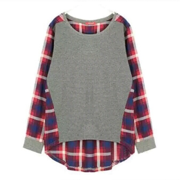 Gray & Plaid Long Sleeve Hi-Low Top - Picture 2 of 4