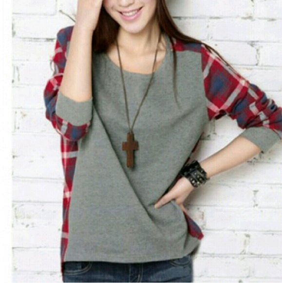 Gray & Plaid Long Sleeve Hi-Low Top - Picture 4 of 4