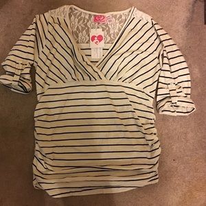 Ivory & Black Stripe Lace-Back Maternity Tunic