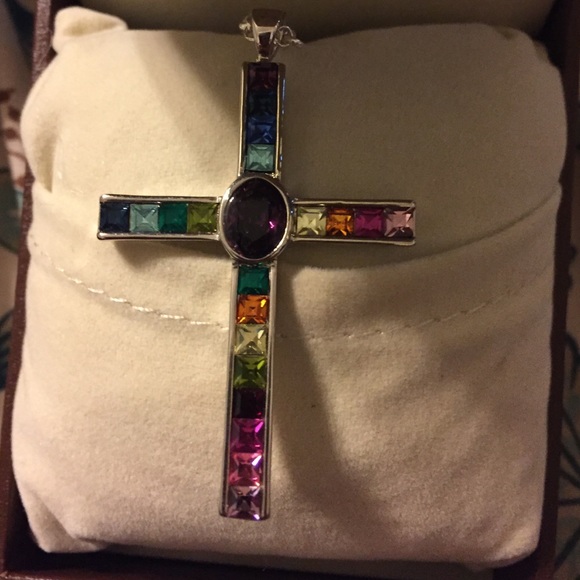 Jewelry - 💋Multi gemstone cross in sterling silver w/chain