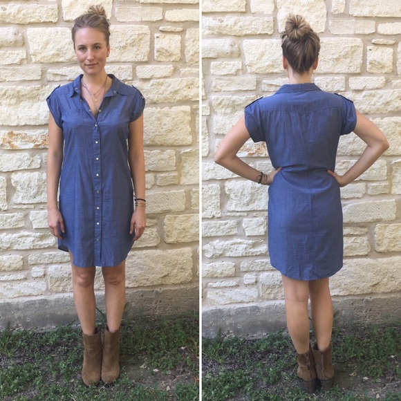 Denim-like utility dress with pearl snap buttons