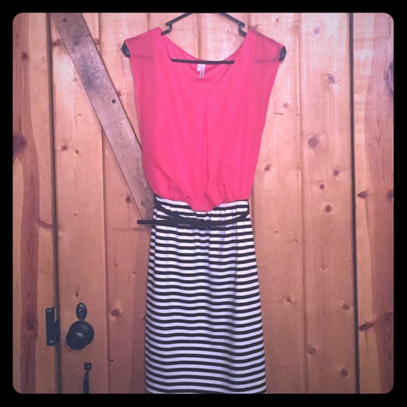 Pink and black/white strip dress