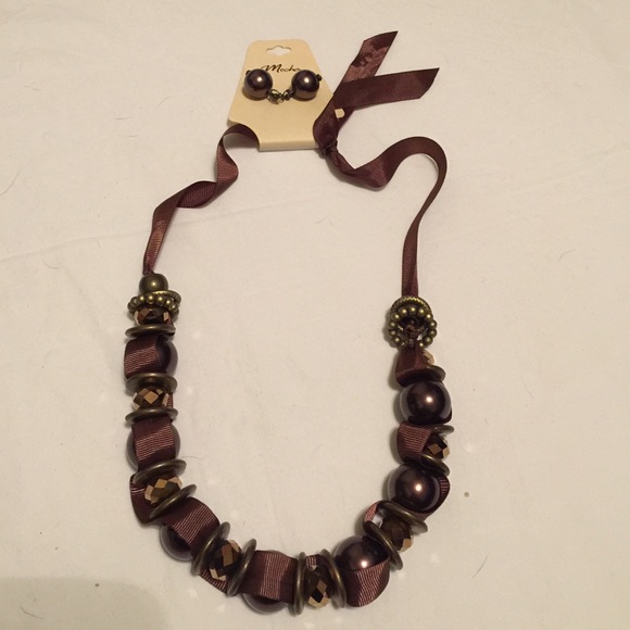 Mocha ribbon necklace and earrings set