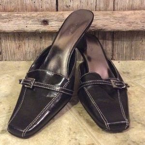 Black leather square toe kitten heel