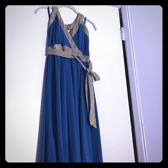 Mock wrap blue and gold dress
