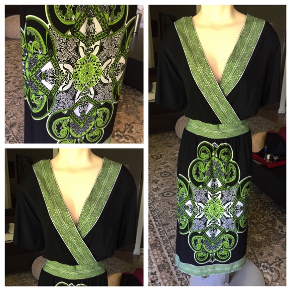 SOLD in bundle Black and green boho pattern dress