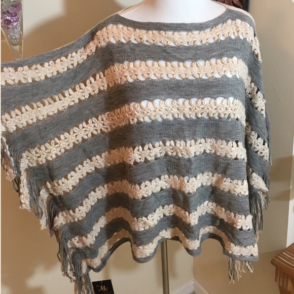 1 Left✔️Final Price◽️Beige/Grey Fringed Poncho - Picture 4 of 5