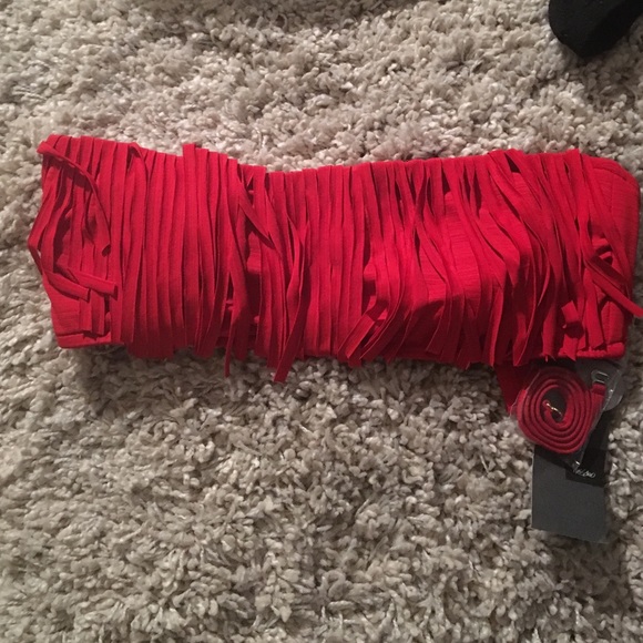 Red fringe strapless top