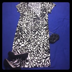 Black and white business casual faux wrap dress