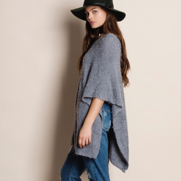 Grey Soft Fuzzy Poncho - Picture 2 of 4