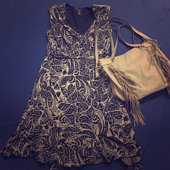 Navy and gray faux wrap dress