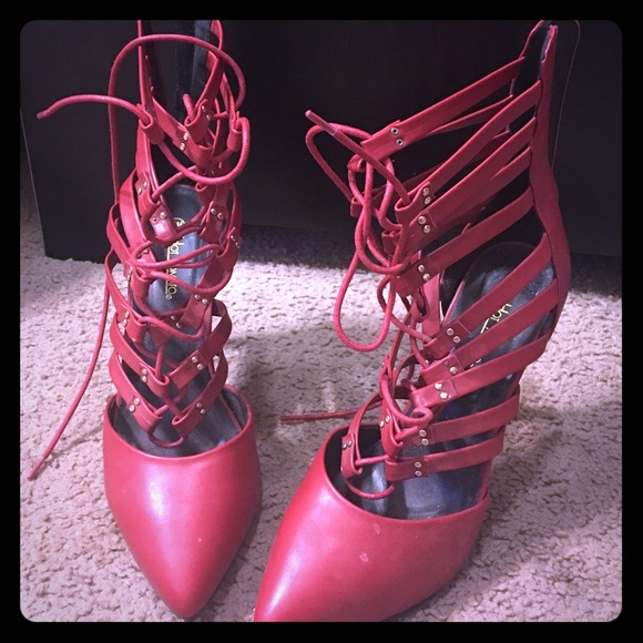 Red gladiator strappy lace up pumps