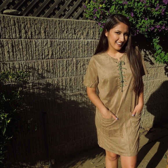 Brown Faux suede shift Lace up dress - Picture 2 of 4