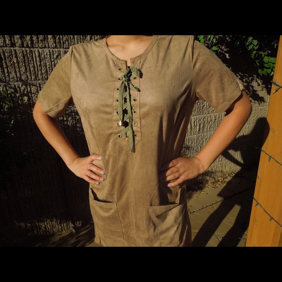 Brown Faux suede shift Lace up dress - Picture 3 of 4