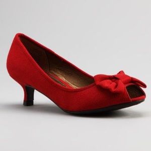 Rialto Red Suedette Bow Peep-Toe Kitten Heel