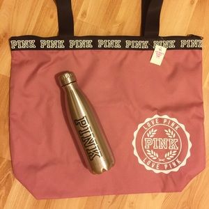Pink VS tote and metal water bottle