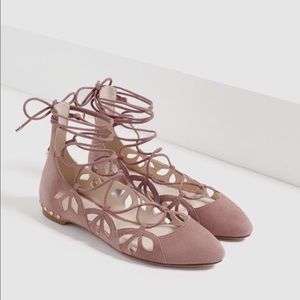 Zara lace up flats in vegan suede colored in pink