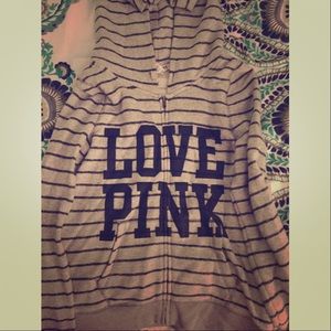 PINK VS grey hoodie w/ black stripes! Size L