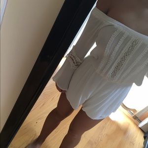 Off-white lace off the shoulder romper