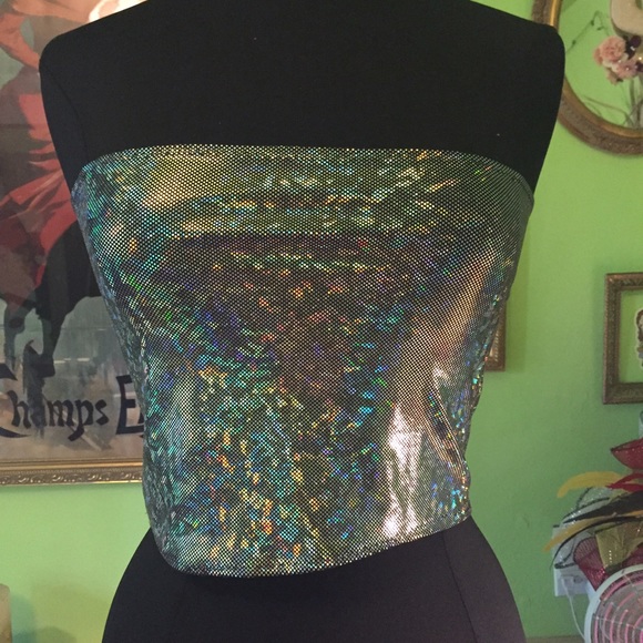 SOLD!Silver hologram lace up tube top - Picture 2 of 4