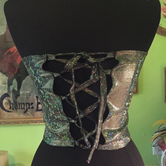 SOLD!Silver hologram lace up tube top - Picture 3 of 4