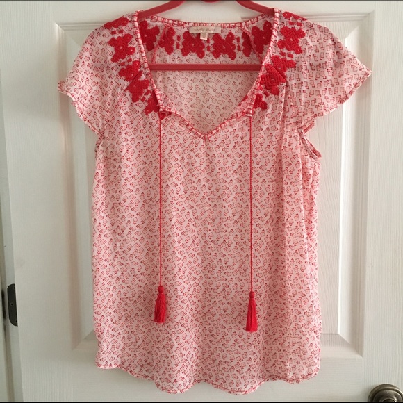 Beautiful Red Embroidered Peasant Top