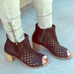 TOMS Black Leather Perforated Peep Toe Bootie