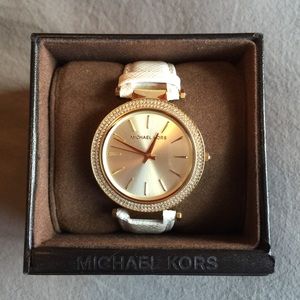 Michael Kors watch-gold face & white leather band