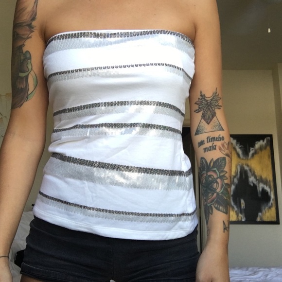 Strapless white sequence top