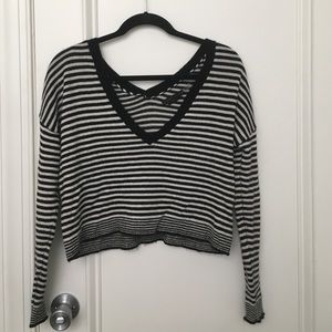 Cropped striped v neck sweater