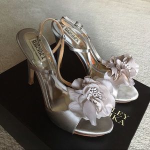 Silver badgley mischka heels with flower detail