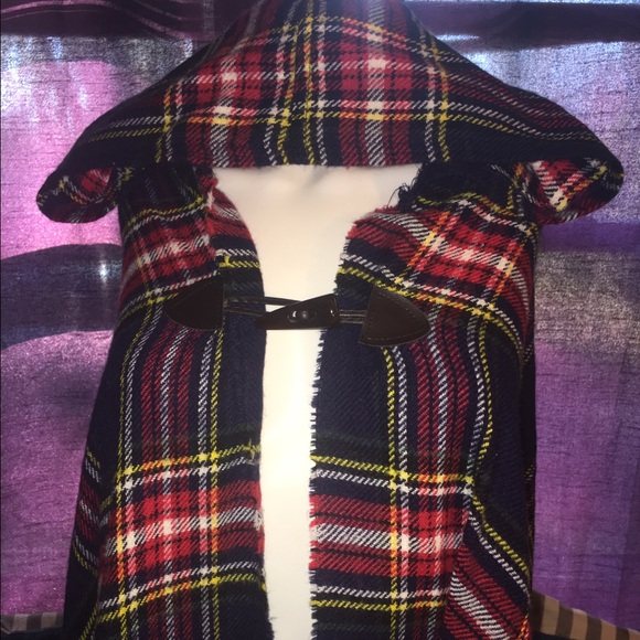 Hooded Navy blue and red plaid poncho
