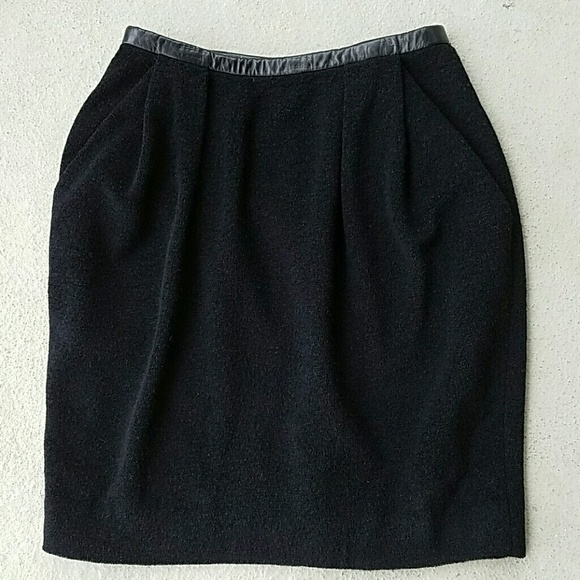 Y2K Vintage Donna Karen Wool Black Leather Trim Skirt Size 6 - Picture 2 of 4