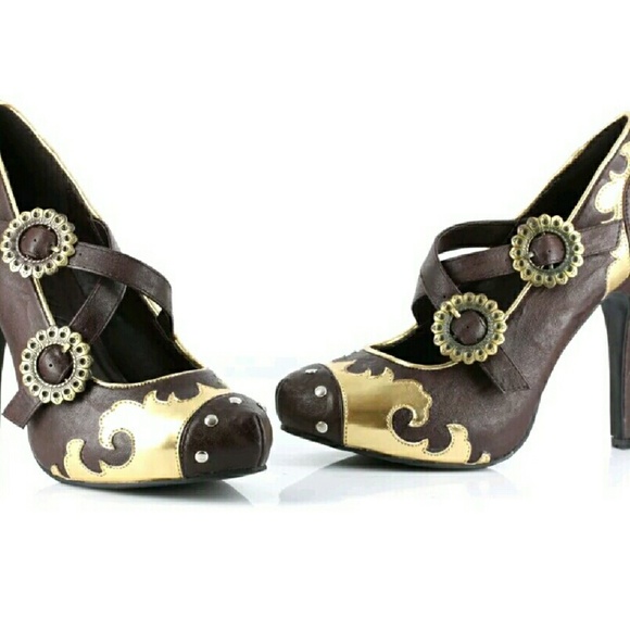 Gold Fire Steampunk Brown Gear Heels size 7 - Picture 1 of 3