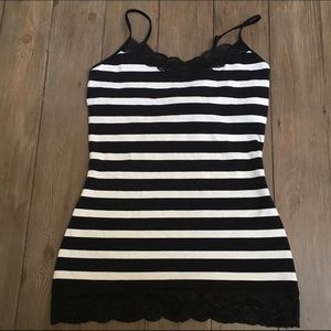 Express Cami Black White Stripes Lace Trim